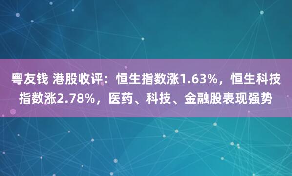 粤友钱 港股收评：恒生指数涨1.63%，恒生科技指数涨2.78%，医药、科技、金融股表现强势